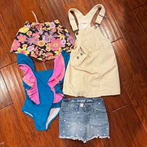 Girls' 3t Floral Shorts, Ruffle Swimsuit, Corduroy Dress, and Denim Shorts Set